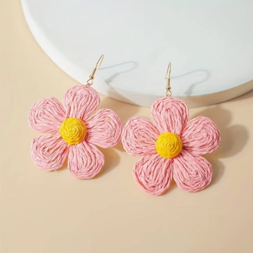 Light Pink & Yellow Raffia Flower Tropical Beach Vacation Dangle Earrings New